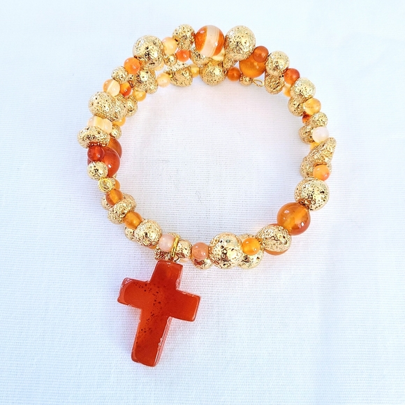 Piece #466 "Courageous" Gold Lava Stone Carnelian Bead Handmade Bangle Bracelet - Picture 4 of 6
